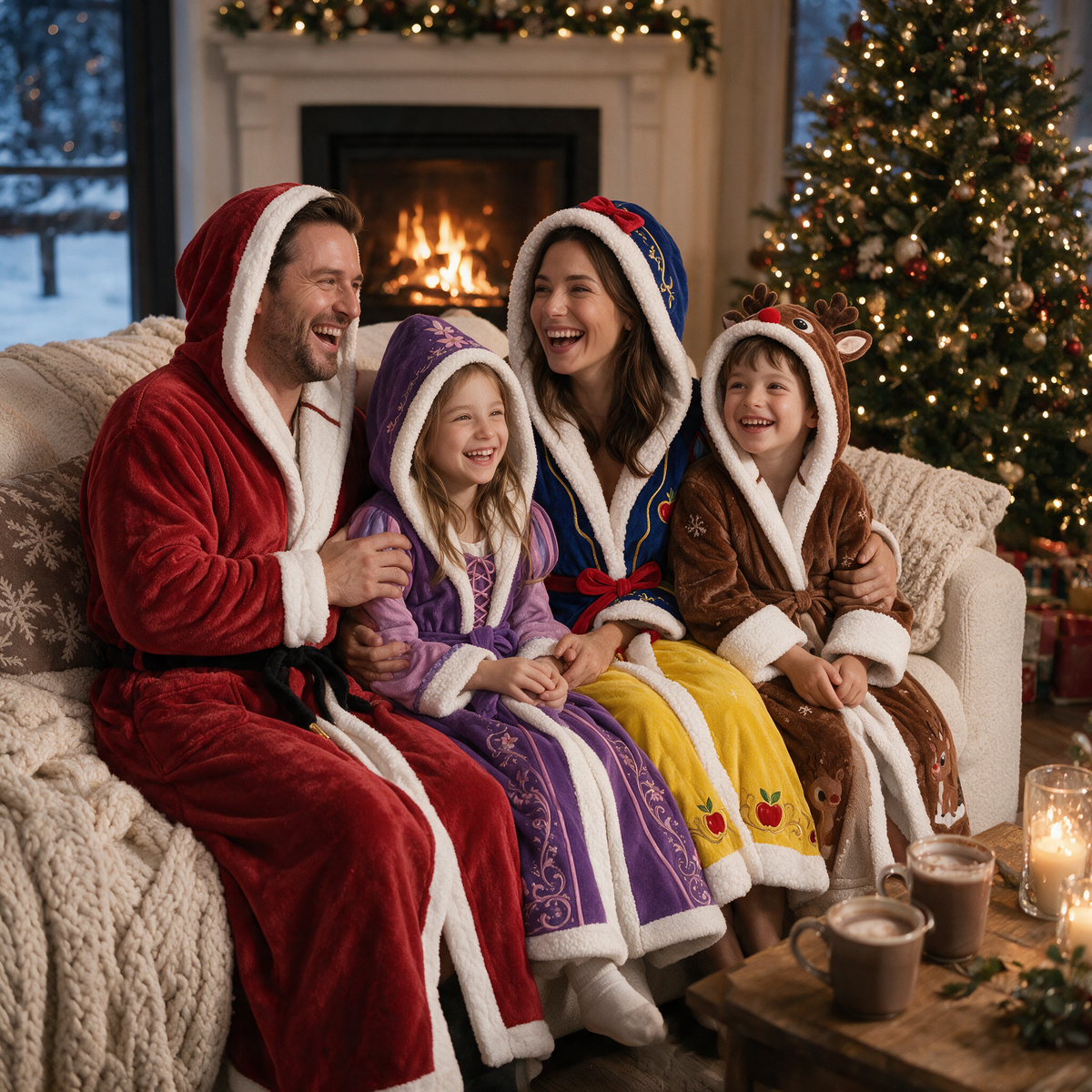 A family in Mitoufli heated blankets on the couch, next to the tree