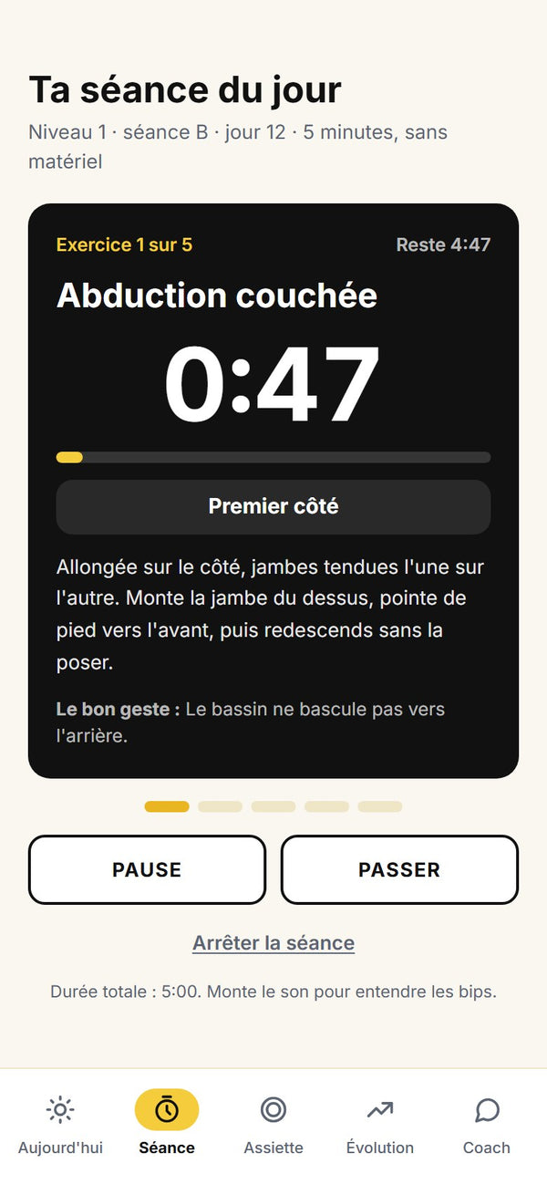 Écran Séance : minuteur guidé de 5 minutes, exercice par exercice