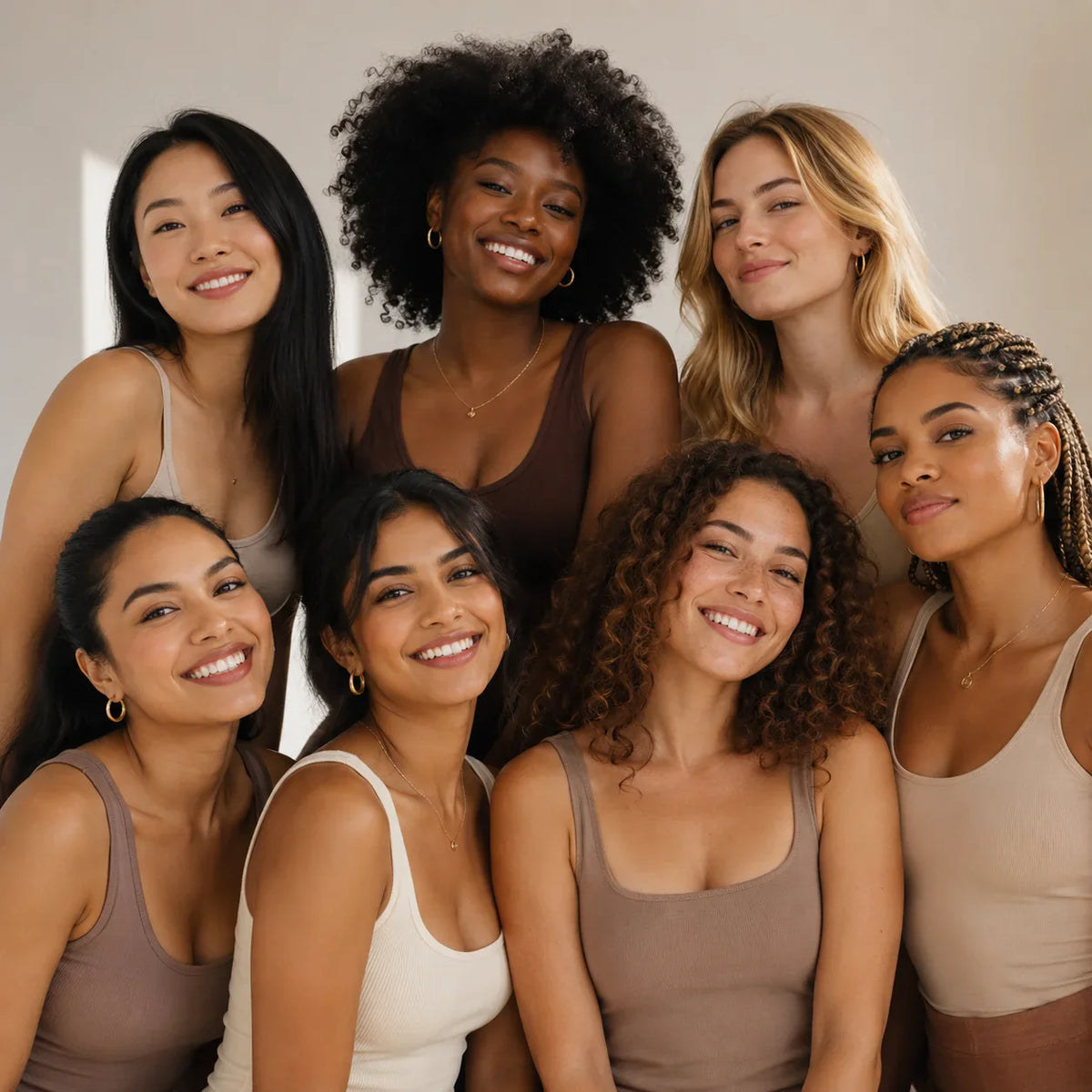 Sept femmes souriantes en débardeurs aux tons naturels Image